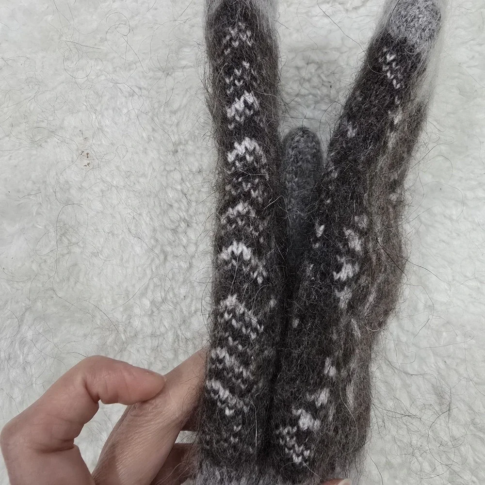 Handmade Goat Down Mittens Grey Brown Flower Pattern‎ Winter Warm Hand Knitted